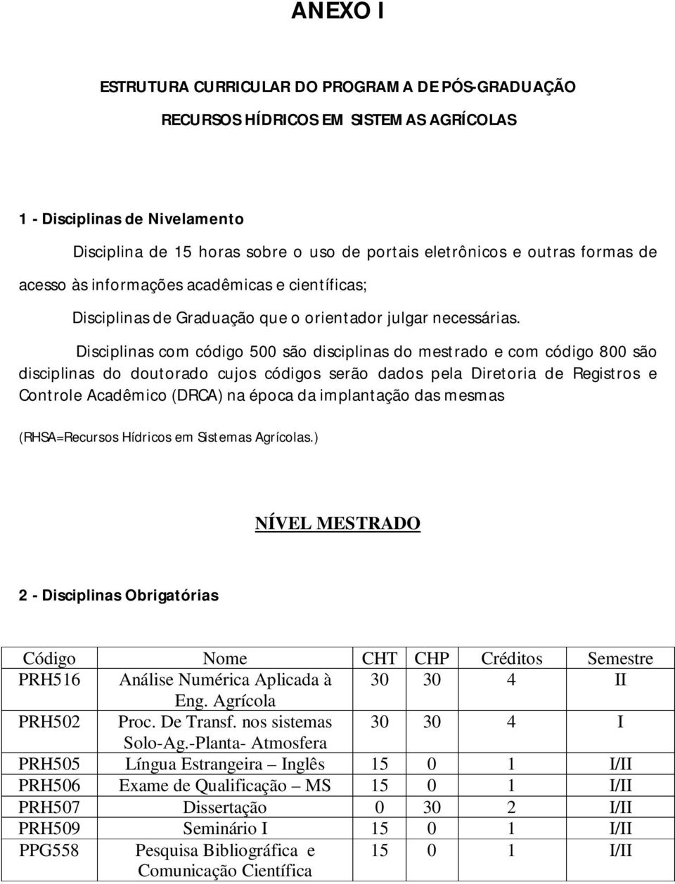 Disciplinas com código 500 são disciplinas do mestrado e com código 800 são disciplinas do doutorado cujos códigos serão dados pela Diretoria de Registros e Controle Acadêmico (DRCA) na época da