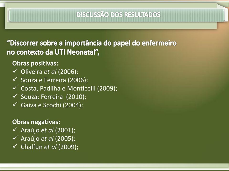 Ferreira (2010); Gaiva e Scochi (2004); Obras negativas: