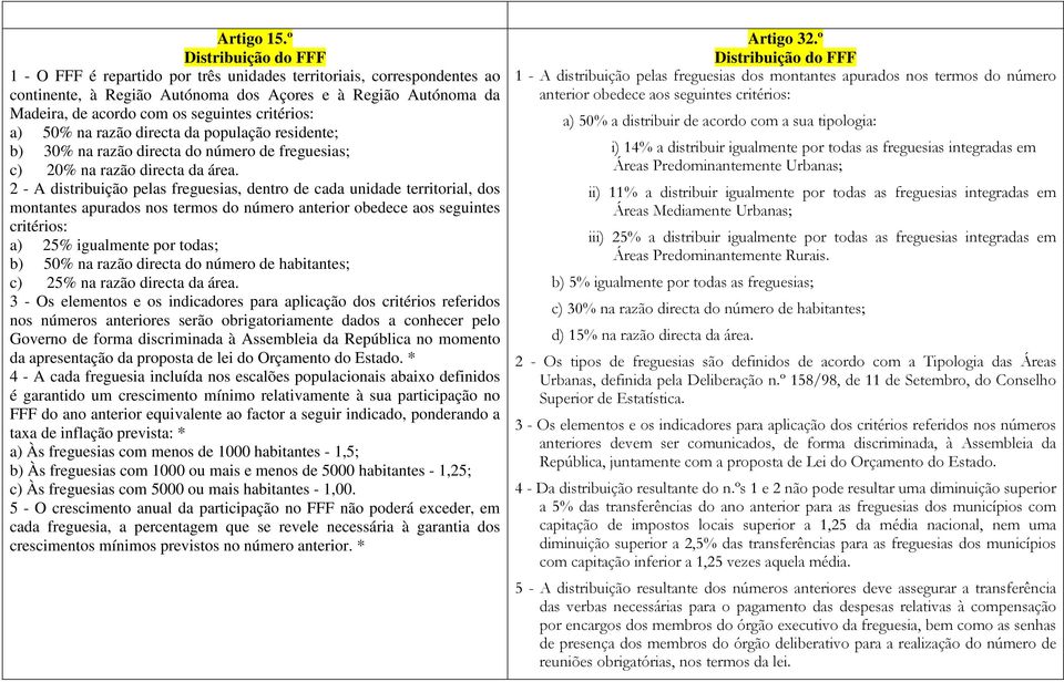 critérios: a) 50% na razão directa da população residente; b) 30% na razão directa do número de freguesias; c) 20% na razão directa da área.
