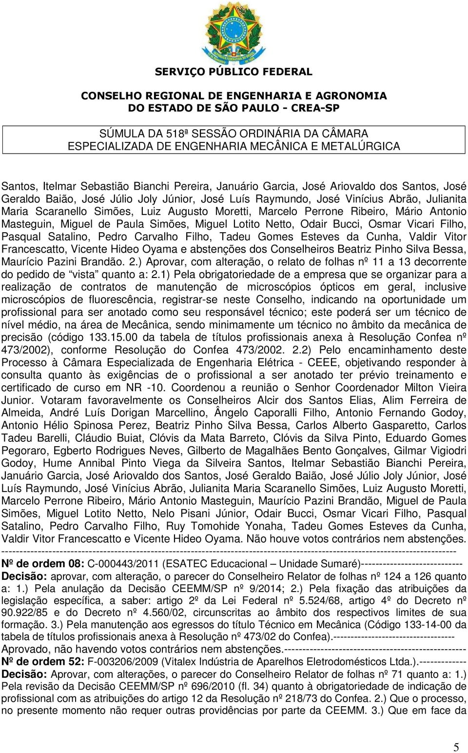 Tadeu Gomes Esteves da Cunha, Valdir Vitor Francescatto, Vicente Hideo Oyama e abstenções dos Conselheiros Beatriz Pinho Silva Bessa, Maurício Pazini Brandão. 2.