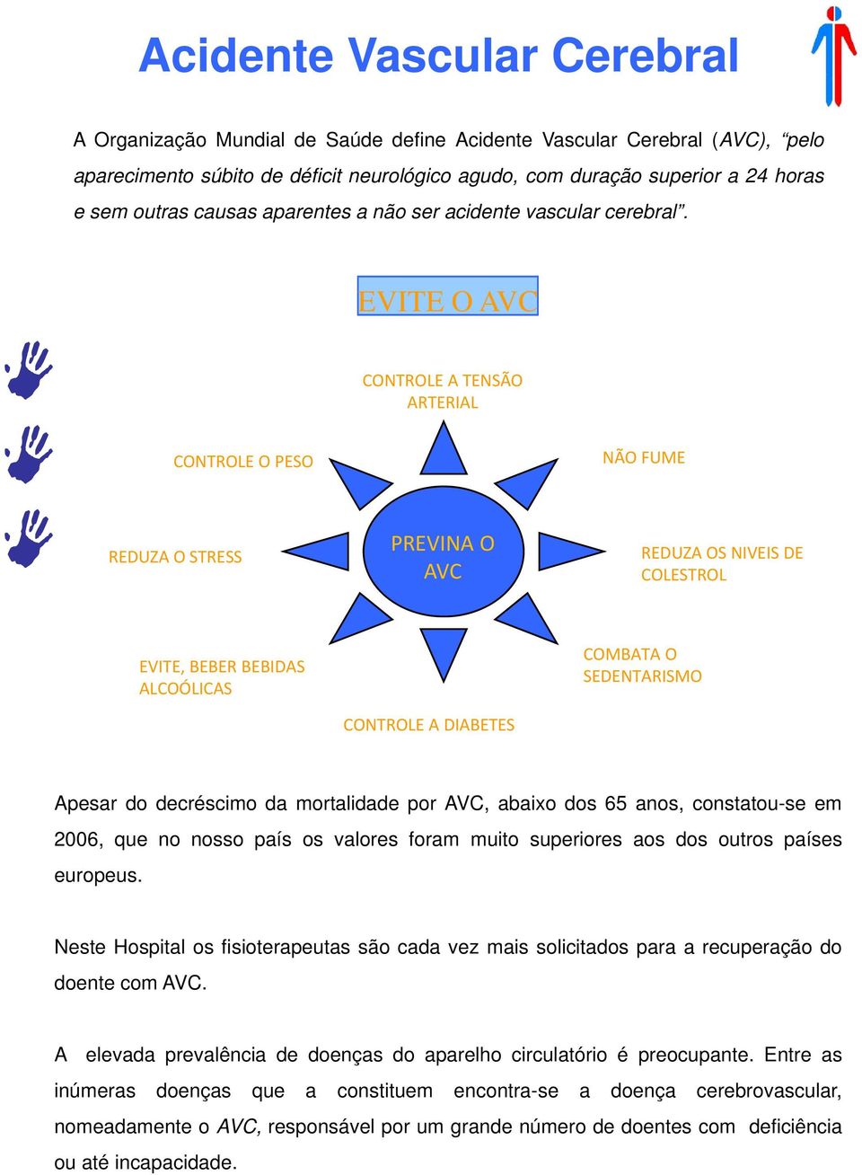 EVITE O AVC CONTROLE A TENSÃO ARTERIAL CONTROLE O PESO NÃO FUME REDUZA O STRESS PREVINA O AVC REDUZA OS NIVEIS DE COLESTROL EVITE, BEBER BEBIDAS ALCOÓLICAS CONTROLE A DIABETES COMBATA O SEDENTARISMO