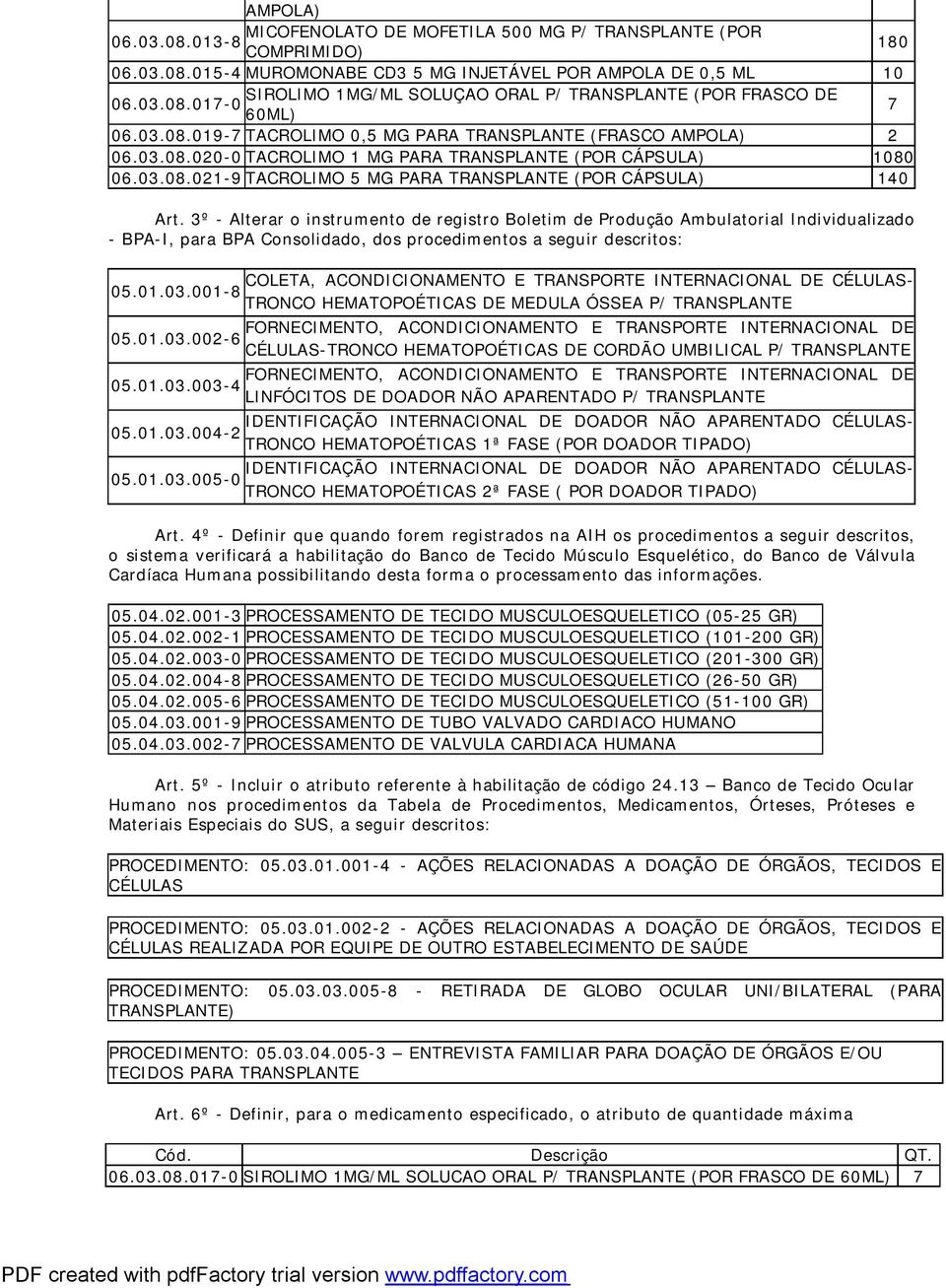 3º - Alterar o instrumento de registro Boletim de Produção Ambulatorial Individualizado - BPA-I, para BPA Consolidado, dos procedimentos a seguir descritos: COLETA, ACONDICIONAMENTO E TRANSPORTE