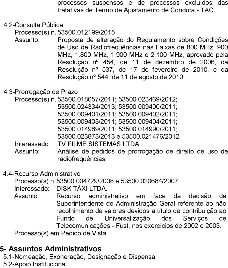 100 MHz, aprovado pela Resolução nº 454, de 11 de dezembro de 2006, da Resolução nº 537, de 17 de fevereiro de 2010, e da Resolução nº 544, de 11 de agosto de 2010. 4.3- Prorrogação de Prazo Processo(s) n.