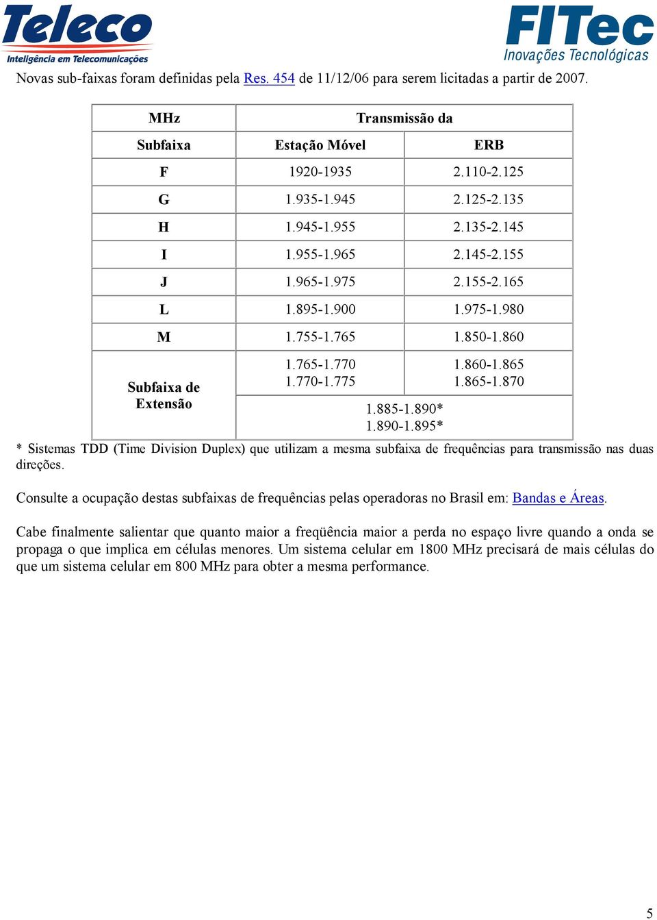 860-1.865 1.865-1.870 * Sistemas TDD (Time Division Duplex) que utilizam a mesma subfaixa de frequências para transmissão nas duas direções.