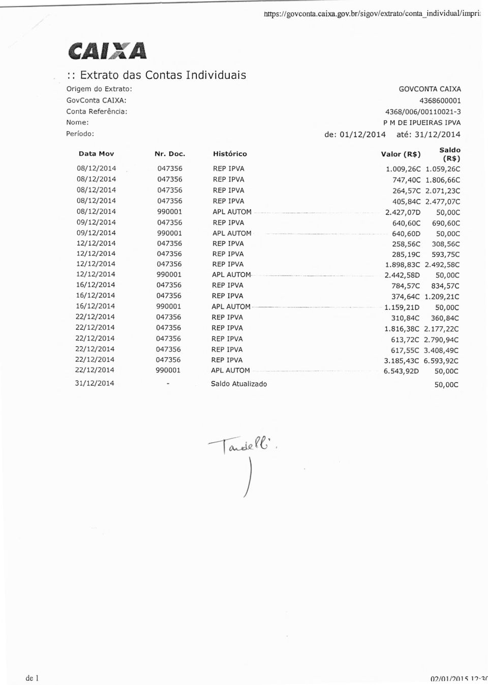 AUTOM 12/12/2014 047356 REP IPVA 12/12/2014 047356 REP IPVA 12/12/2014 047356 REP IPVA 12/12/2014 990001 APL AUTOM 16/12/2014 047356 REP IPVA 16/12/2014 047356 REP IPVA 16/12/2014 990001 APL AUTOM -