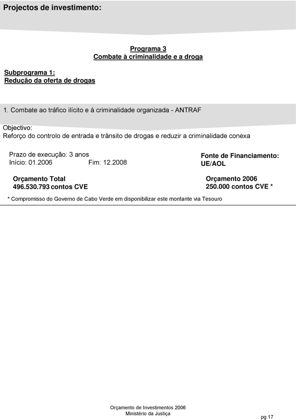 trânsito de drogas e reduzir a criminalidade conexa Prazo de execução: 3 anos Início: 01.2006 Fim: 12.