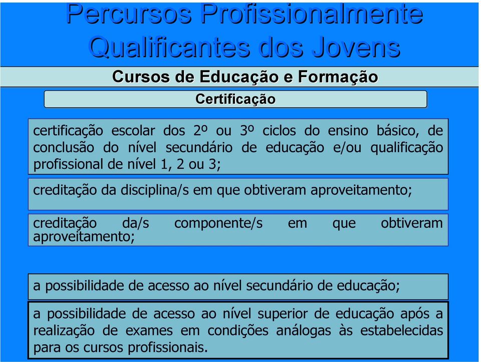 obtiveram aproveitamento; creditação da/s componente/s em que obtiveram aproveitamento; a possibilidade de acesso ao nível secundário de