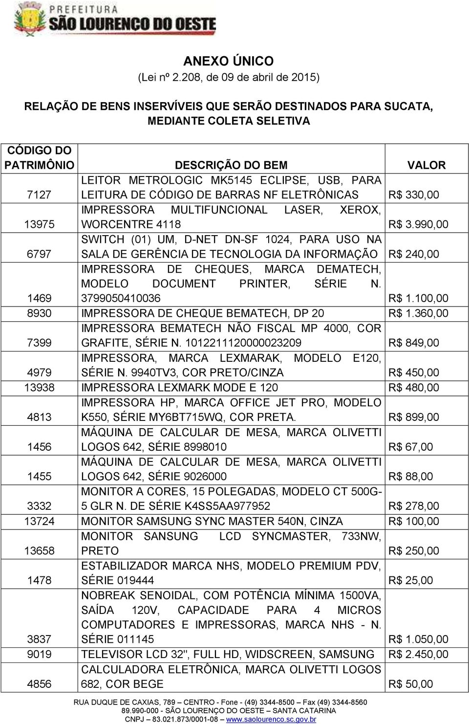 USB, PARA LEITURA DE CÓDIGO DE BARRAS NF ELETRÔNICAS R$ 330,00 IMPRESSORA MULTIFUNCIONAL LASER, XEROX, 13975 WORCENTRE 4118 R$ 3.