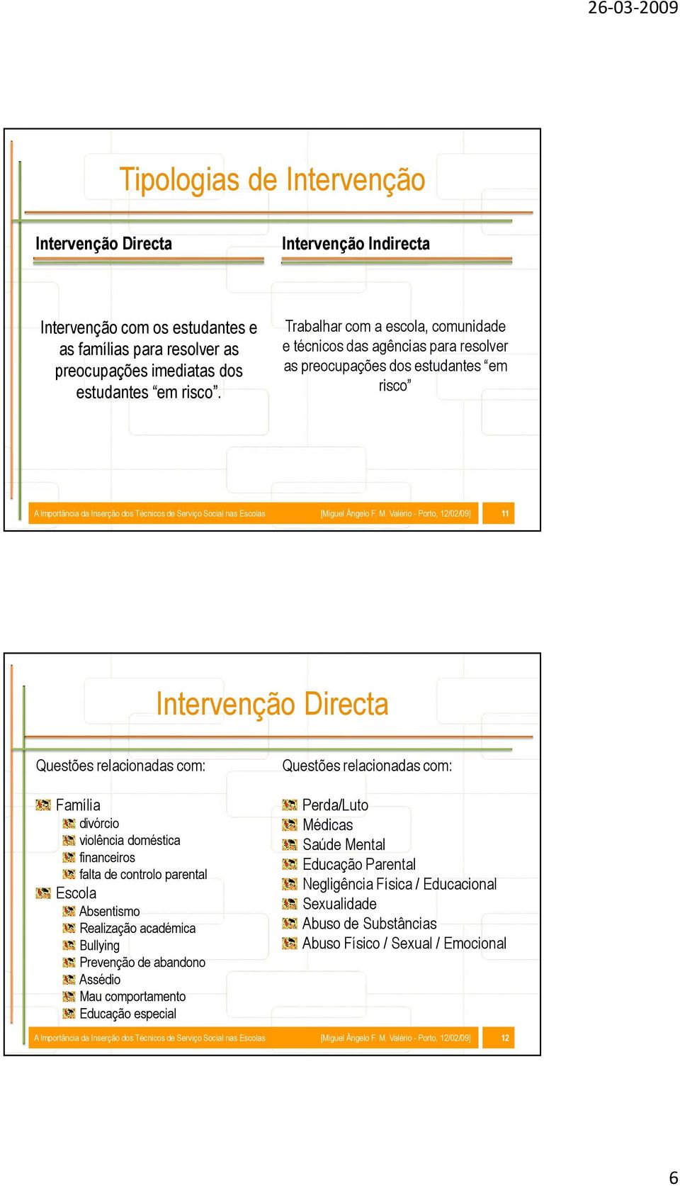 M. Valério - Porto, 12/02/09] 11 Intervenção Directa Questões relacionadas com: Família divórcio violência doméstica financeiros falta de controlo parental Escola Absentismo Realização académica