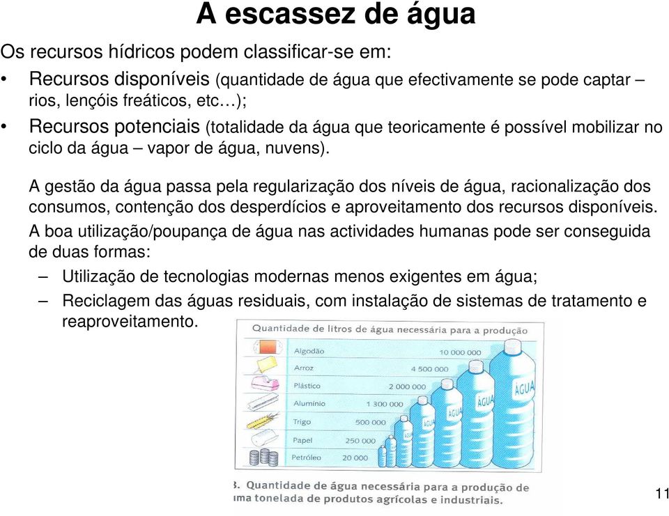 A gestão da água passa pela regularização dos níveis de água, racionalização dos consumos, contenção dos desperdícios e aproveitamento dos recursos disponíveis.