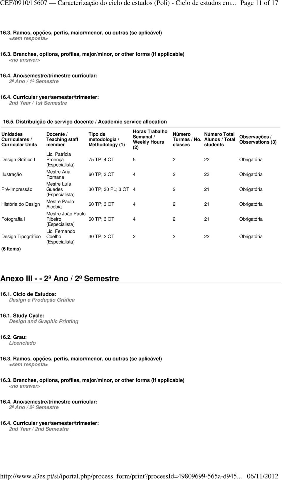 Distribuição de serviço docente / Academic service allocation Design Gráfico I Ilustração Pré-Impressão História do Design Fotografia I Design Tipográfico (6 Items) Docente / Teaching staff member