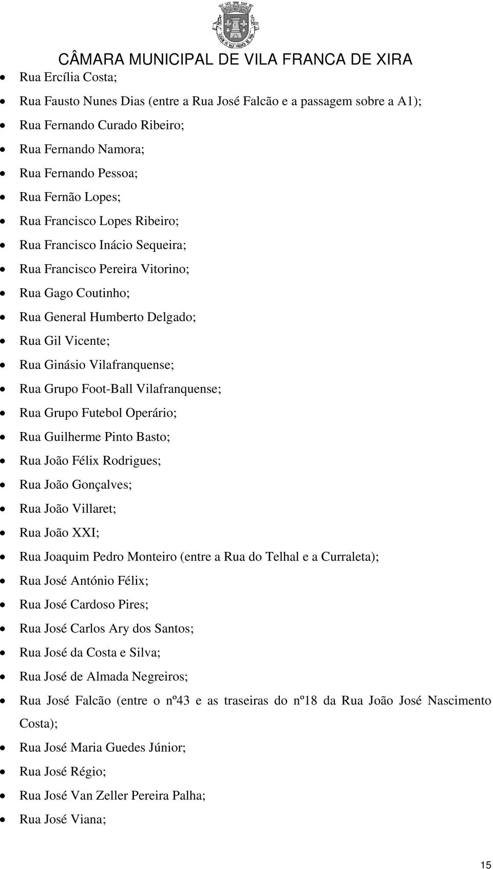 Vilafranquense; Rua Grupo Futebol Operário; Rua Guilherme Pinto Basto; Rua João Félix Rodrigues; Rua João Gonçalves; Rua João Villaret; Rua João XXI; Rua Joaquim Pedro Monteiro (entre a Rua do Telhal