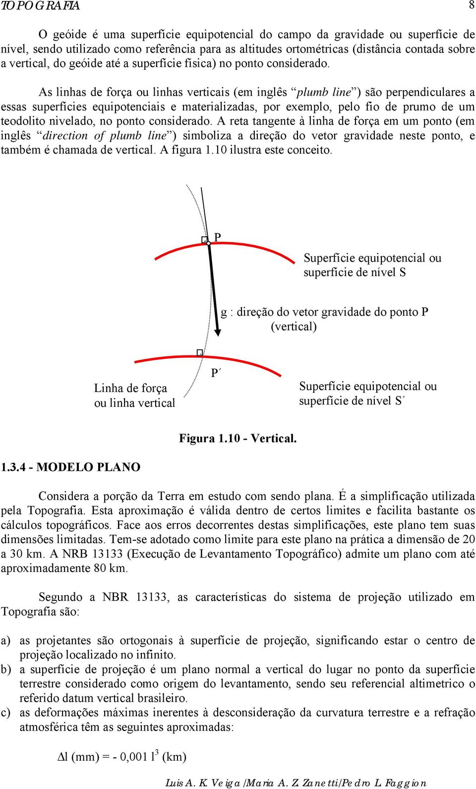 As linhas de força ou linhas verticais (em inglês plumb line ) são perpendiculares a essas superfícies equipotenciais e materializadas, por exemplo, pelo fio de prumo de um teodolito nivelado, no