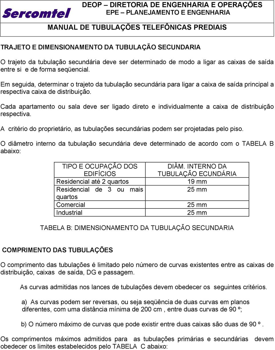 Cada apartamento ou sala deve ser ligado direto e individualmente a caixa de distribuição respectiva. A critério do proprietário, as tubulações secundárias podem ser projetadas pelo piso.