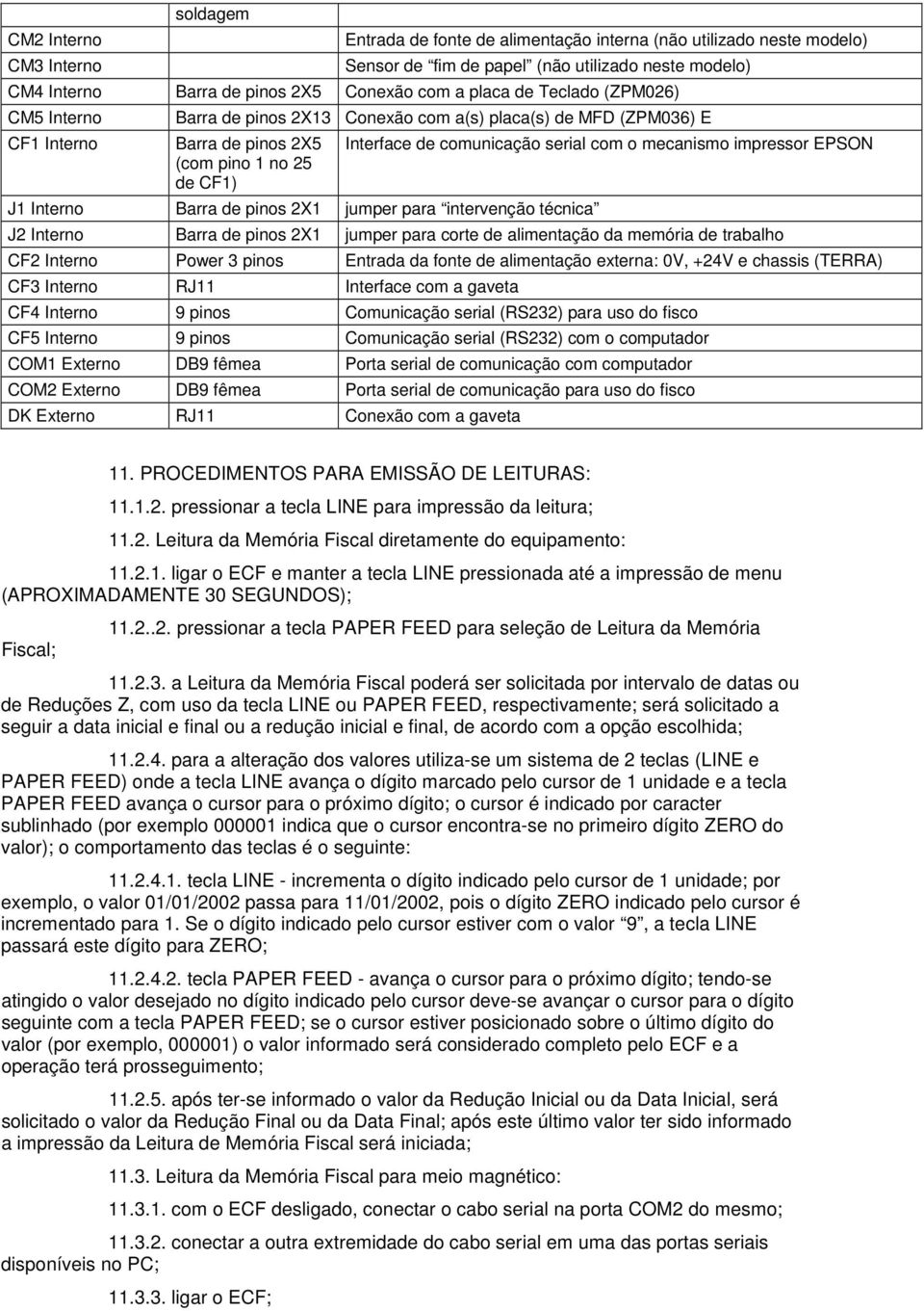 para intervenção técnica Interface de comunicação serial com o mecanismo impressor EPSON J2 Interno Barra de pinos 2X1 jumper para corte de alimentação da memória de trabalho CF2 Interno Power 3