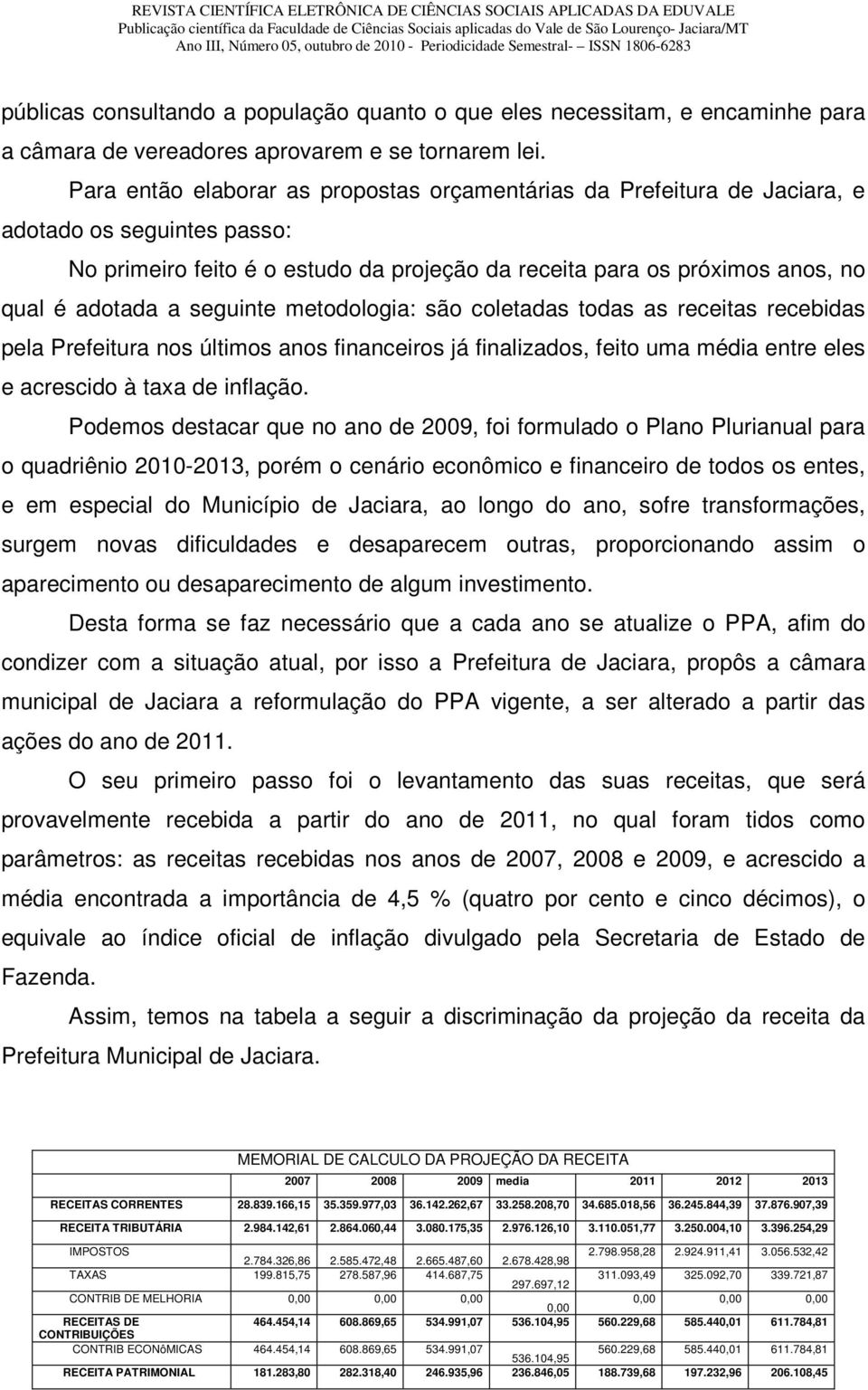 seguinte metodologia: são coletadas todas as receitas recebidas pela Prefeitura nos últimos anos financeiros já finalizados, feito uma média entre eles e acrescido à taxa de inflação.