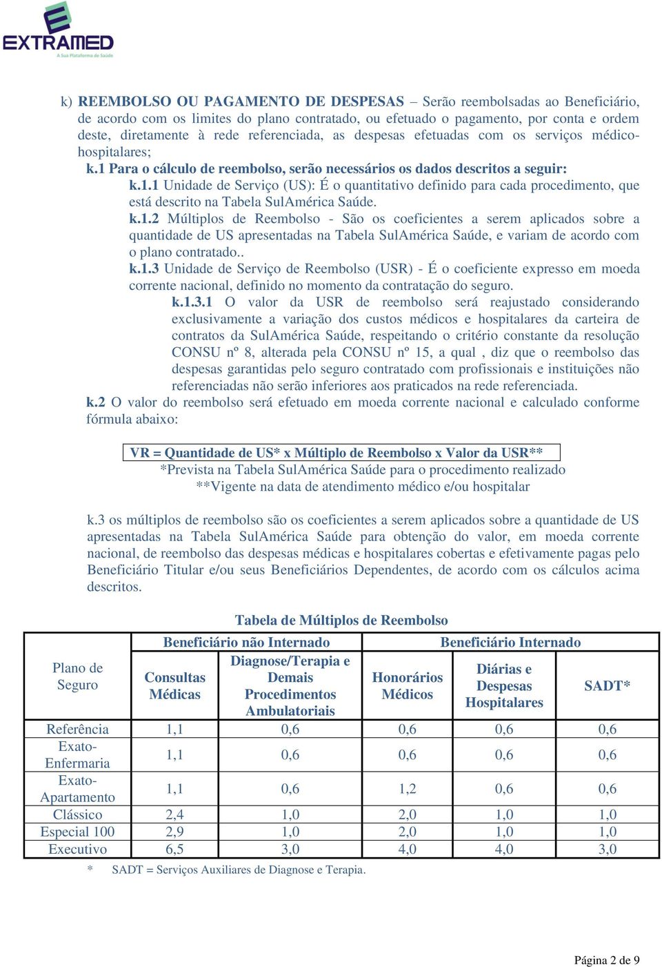 k.1.2 Múltiplos de Reembolso - São os coeficientes a serem aplicados sobre a quantidade de US apresentadas na Tabela SulAmérica Saúde, e variam de acordo com o plano contratado.. k.1.3 Unidade de Serviço de Reembolso (USR) - É o coeficiente expresso em moeda corrente nacional, definido no momento da contratação do seguro.