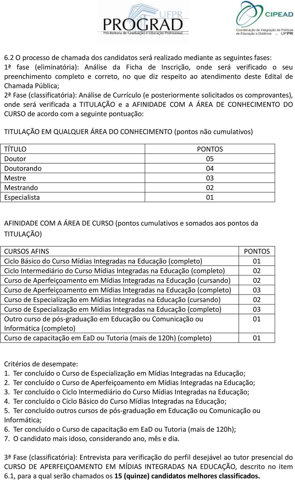 TITULAÇÃO e a AFINIDADE COM A ÁREA DE CONHECIMENTO DO CURSO de acordo com a seguinte pontuação: TITULAÇÃO EM QUALQUER ÁREA DO CONHECIMENTO (pontos não cumulativos) TÍTULO PONTOS Doutor 05 Doutorando