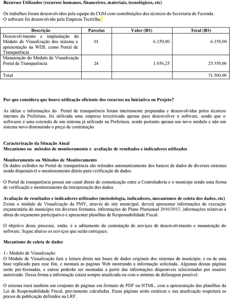 150,00 apresentação na WEB, como Portal de Transparência Manutenção do Módulo de Visualização Portal de Transparência 24 1.056,25 25.350,00 Total 31.