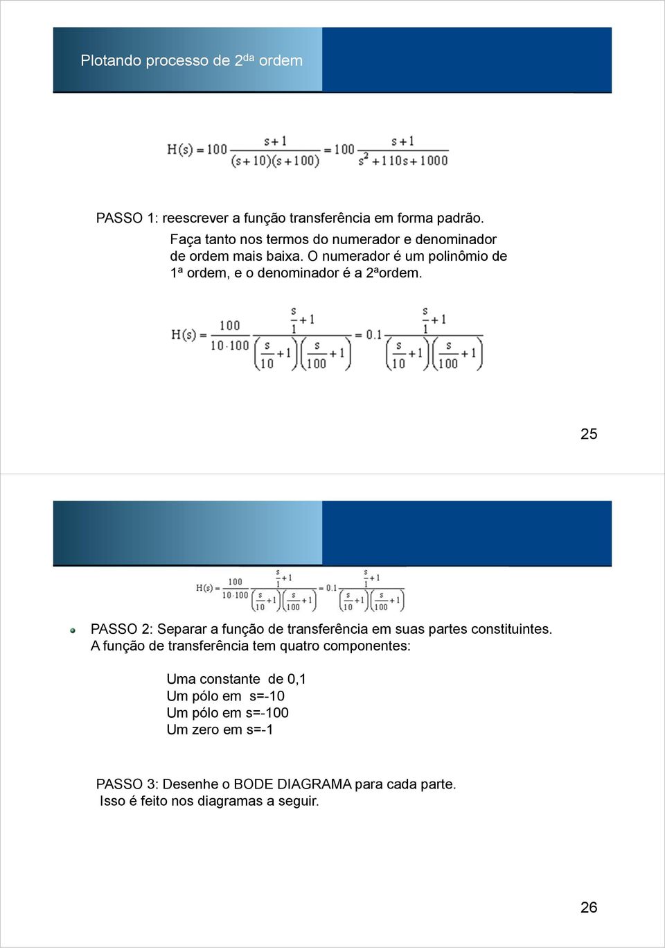 25 Clique para editar os estilos do texto mestre Segundo nível Terceiro nível Quarto nível PASSO 2: Separar a função de transferência em suas partes constituintes.