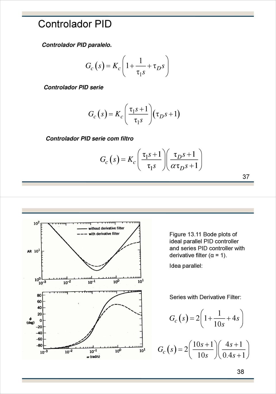 PID serie com filtro τ1s+ 1 τ s+ 1 Gc( s) = K D c τ1s ατds+ 1 37 Figure 13.