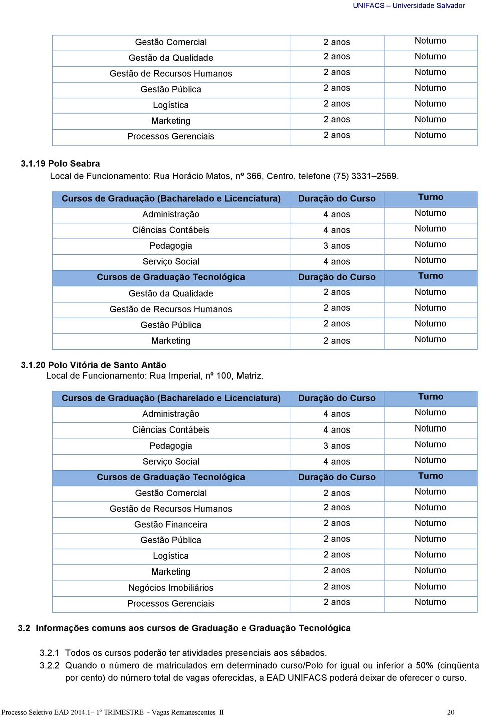 Cursos de Graduação (Bacharelado e Licenciatura) Duração do Curso Turno Administração 4 anos Noturno Ciências Contábeis 4 anos Noturno Pedagogia 3 anos Noturno Serviço Social 4 anos Noturno Cursos de