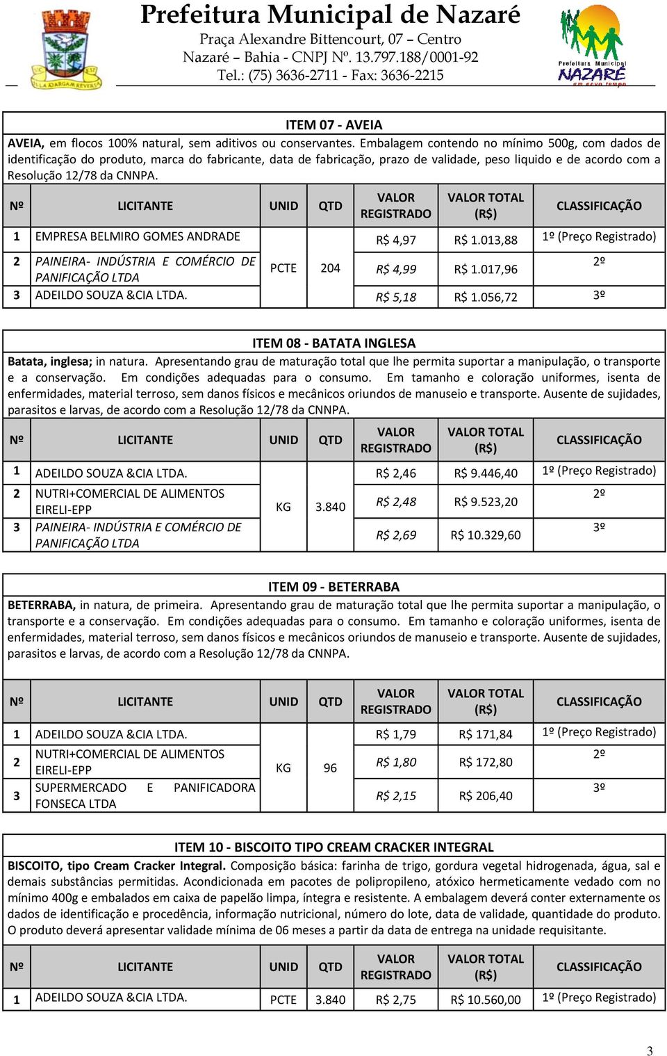 EMPRESA BELMIRO GOMES ANDRADE R$ 4,97 R$.0,88 PAINEIRA INDÚSTRIA E COMÉRCIO DE PCTE 04 º R$ 4,99 R$.07,96 ADEILDO SOUZA &CIA LTDA. R$ 5,8 R$.056,7 º ITEM 08 BATATA INGLESA Batata, inglesa; in natura.