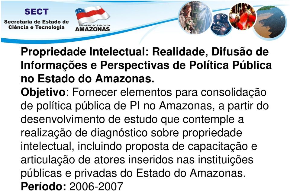 Objetivo: Fornecer elementos para consolidação de política pública de PI no Amazonas, a partir do desenvolvimento