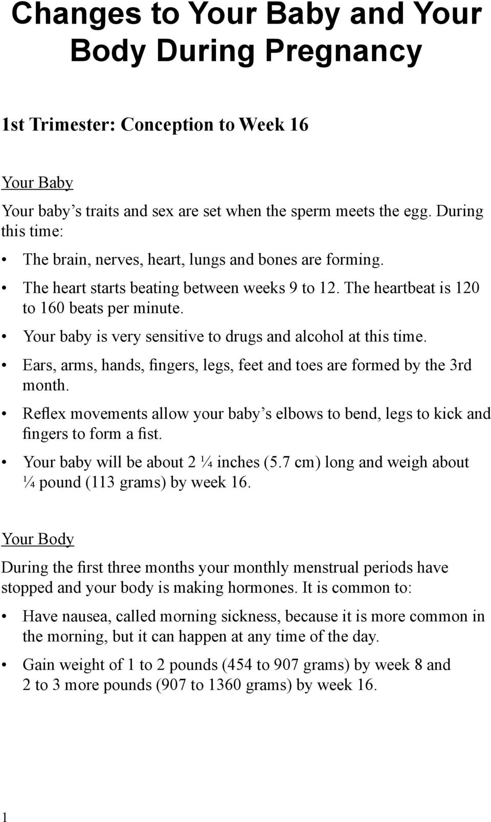 Your baby is very sensitive to drugs and alcohol at this time. Ears, arms, hands, fingers, legs, feet and toes are formed by the 3rd month.