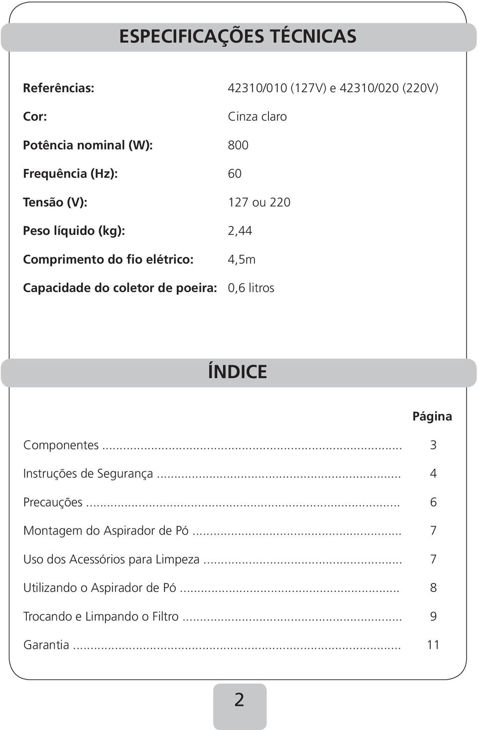 de poeira: 0,6 litros ÍNDICE Página Componentes... 3 Instruções de Segurança... 4 Precauções.