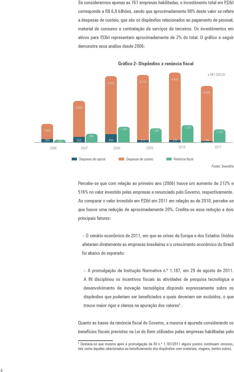 O gráfico a seguir demonstra essa análise desde 2006: Gráfico 2- Dispêndios x renúncia fiscal 7.915 8.114 8.400 x R$1.000,00 6.695 4.580 1.803 1.583 1.727 1.383 1.