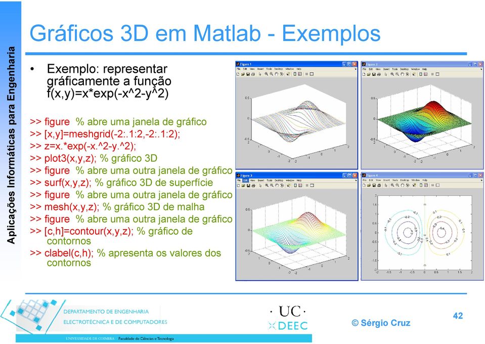 ^2); >> plot3(x,y,z); % gráfico 3D >> figure % abre uma outra janela de gráfico >> surf(x,y,z); % gráfico 3D de superfície >> figure %