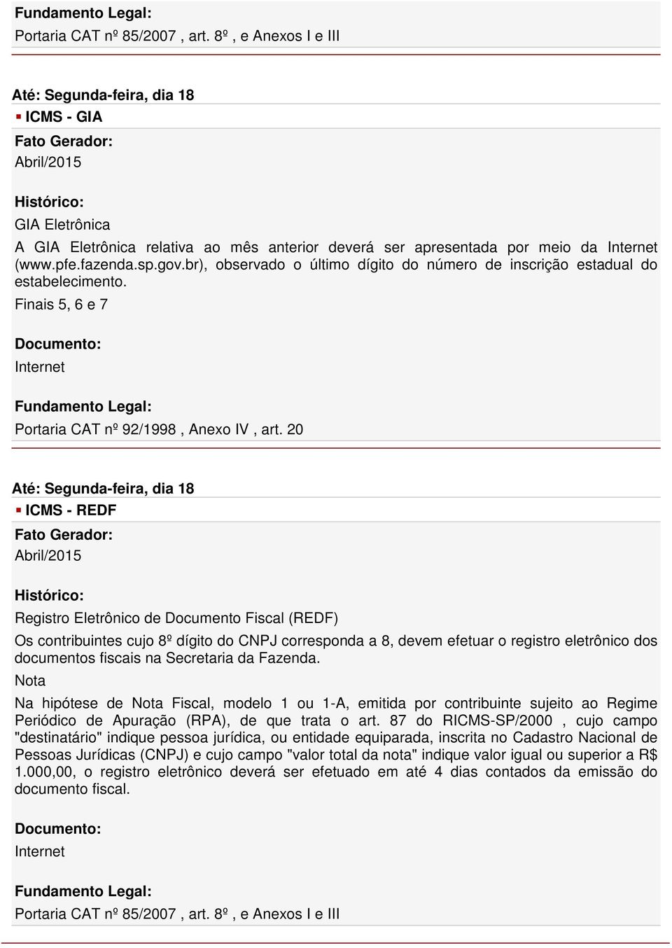 20 Até: Segunda-feira, dia 18 - REDF Registro Eletrônico de Documento Fiscal (REDF) Os contribuintes cujo 8º dígito do CNPJ corresponda a 8, devem efetuar o registro eletrônico dos documentos fiscais