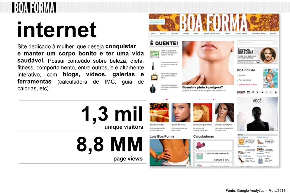 Possui conteúdo sobre beleza, dieta, fitness, comportamento, entre outros, e é altamente