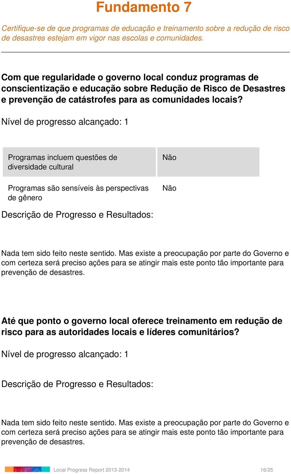 Nível de progresso alcançado: 1 Programas incluem questões de diversidade cultural Programas são sensíveis às perspectivas de gênero Não Não Nada tem sido feito neste sentido.