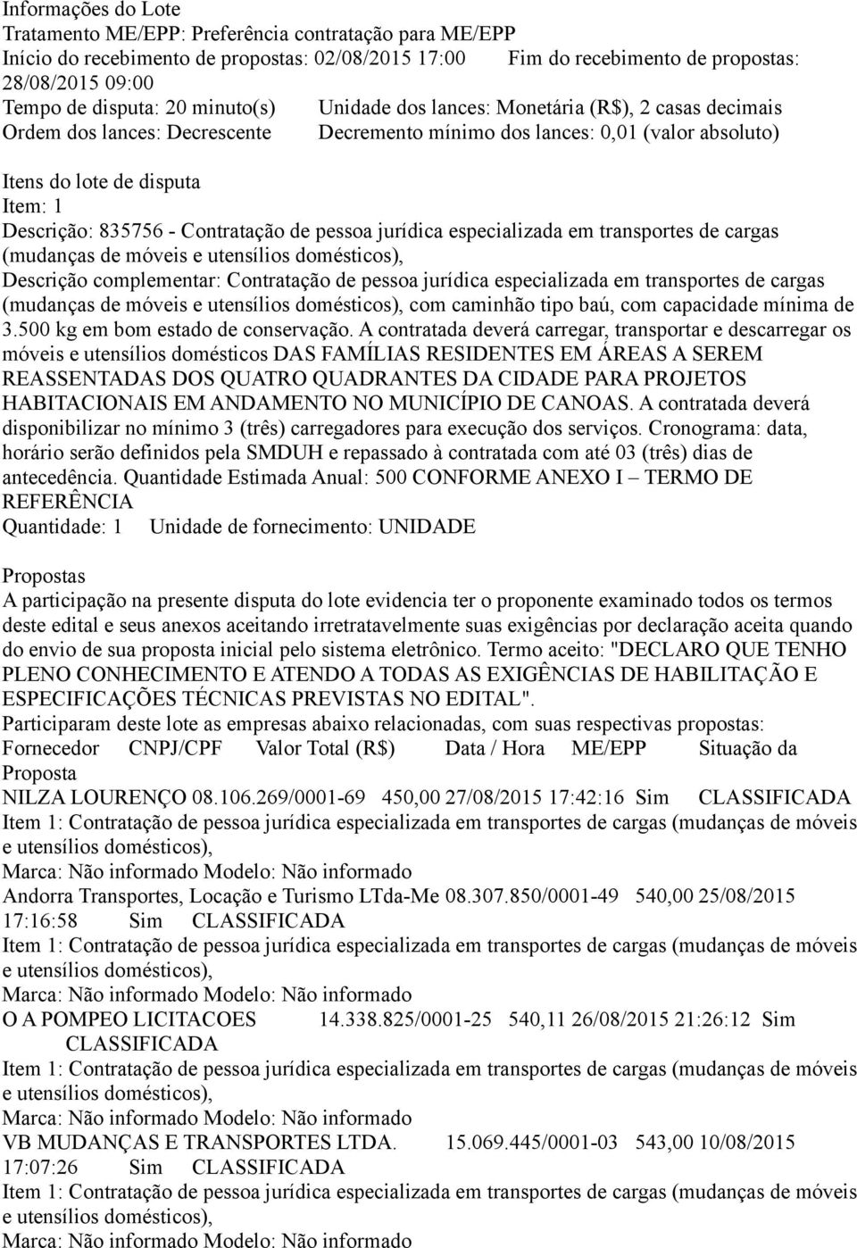 Contratação de pessoa jurídica especializada em transportes de cargas (mudanças de móveis Descrição complementar: Contratação de pessoa jurídica especializada em transportes de cargas (mudanças de