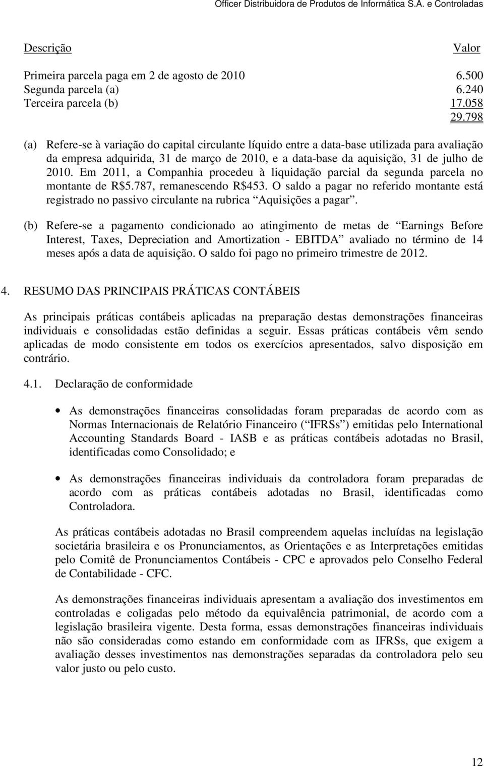 Em 2011, a Companhia procedeu à liquidação parcial da segunda parcela no montante de R$5.787, remanescendo R$453.