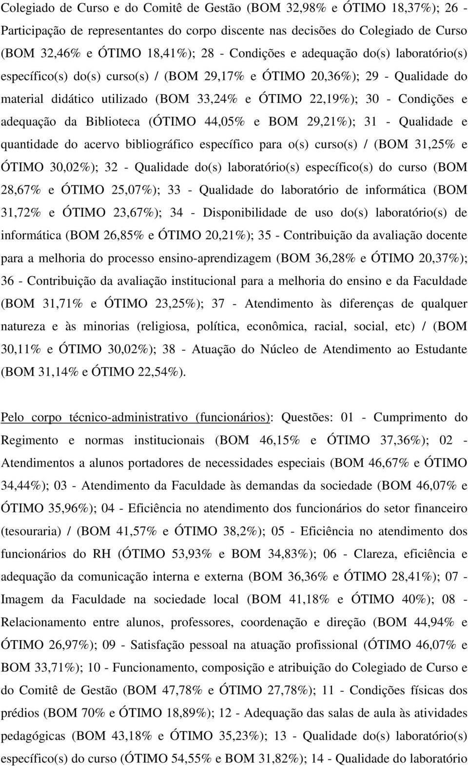 adequação da Biblioteca (ÓTIMO 44,05% e BOM 29,21%); 31 - Qualidade e quantidade do acervo bibliográfico específico para o(s) curso(s) / (BOM 31,25% e ÓTIMO 30,02%); 32 - Qualidade do(s)
