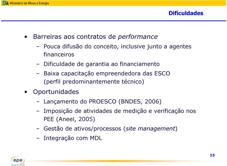 predominantemente técnico) Oportunidades Lançamento do PROESCO (BNDES, 2006) Imposição de atividades de