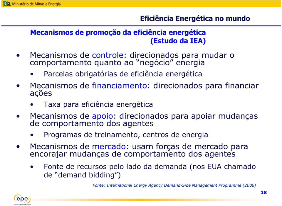 direcionados para apoiar mudanças de comportamento dos agentes Programas de treinamento, centros de energia Mecanismos de mercado: usam forças de mercado para encorajar