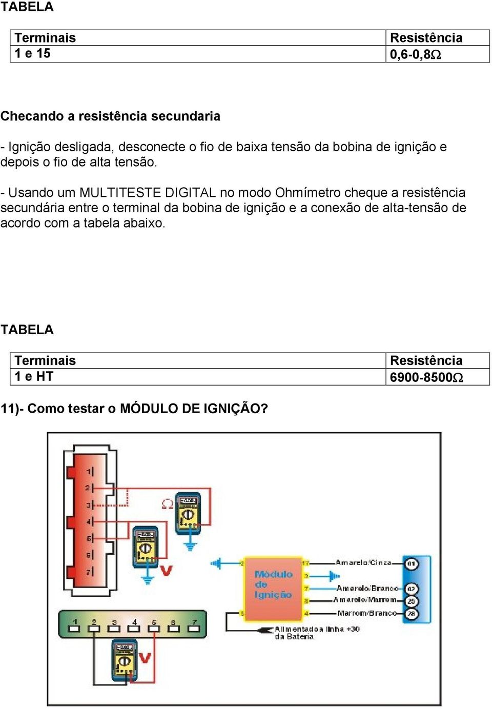 - Usando um MULTITESTE DIGITAL no modo Ohmímetro cheque a resistência secundária entre o terminal da bobina