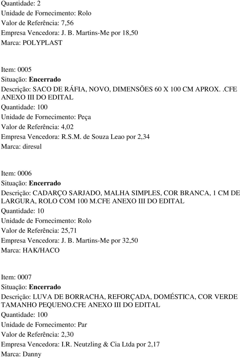 CFE ANEXO III DO EDITAL Quantidade: 10 Unidade de Fornecimento: Rolo Valor de Referência: 25,71 Empresa Vencedora: J. B.