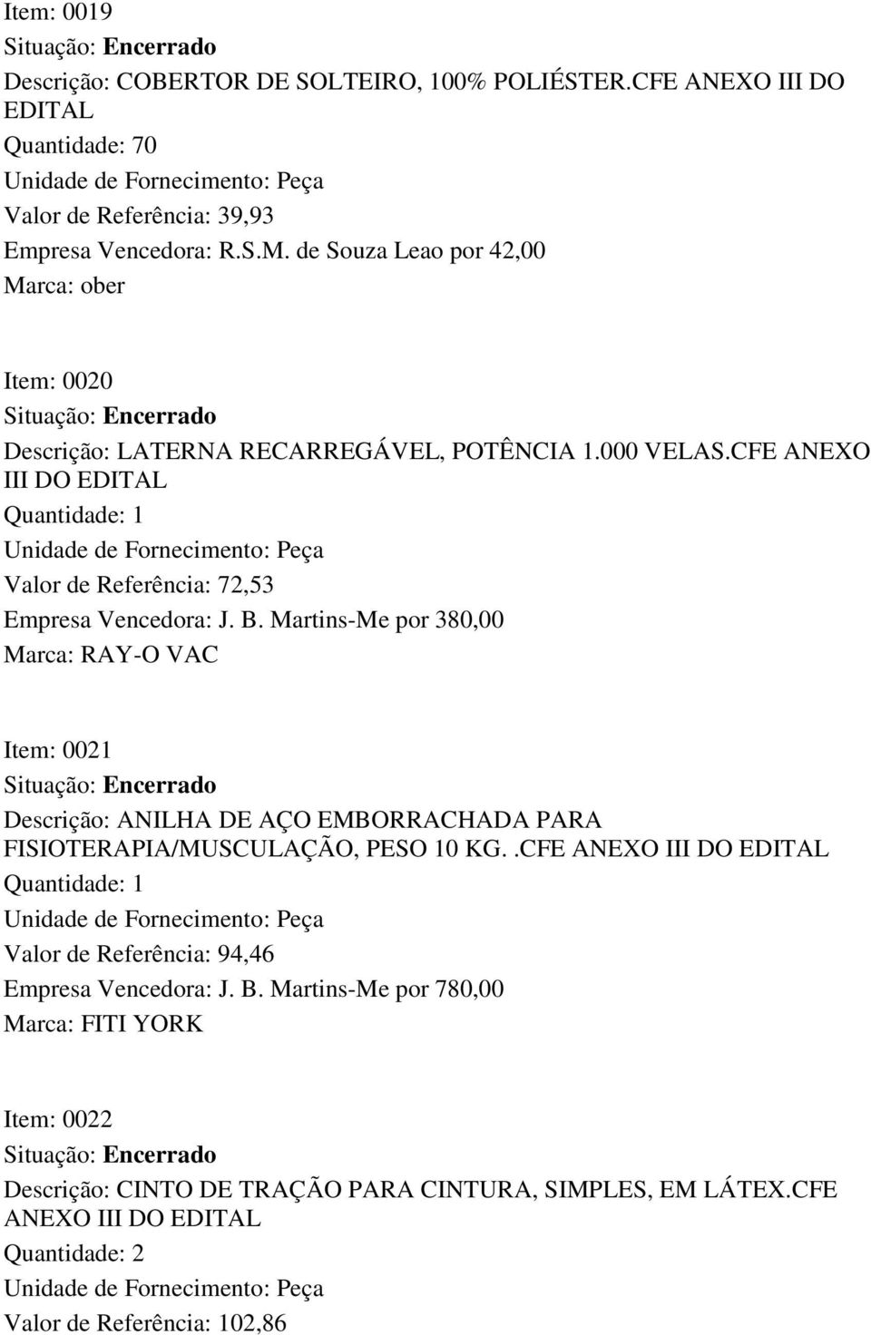 CFE ANEXO III DO EDITAL Quantidade: 1 Valor de Referência: 72,53 Empresa Vencedora: J. B.