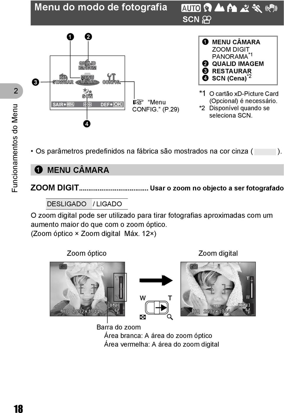 *2 Disponível quando se seleciona SCN. ZOOM DIGIT.