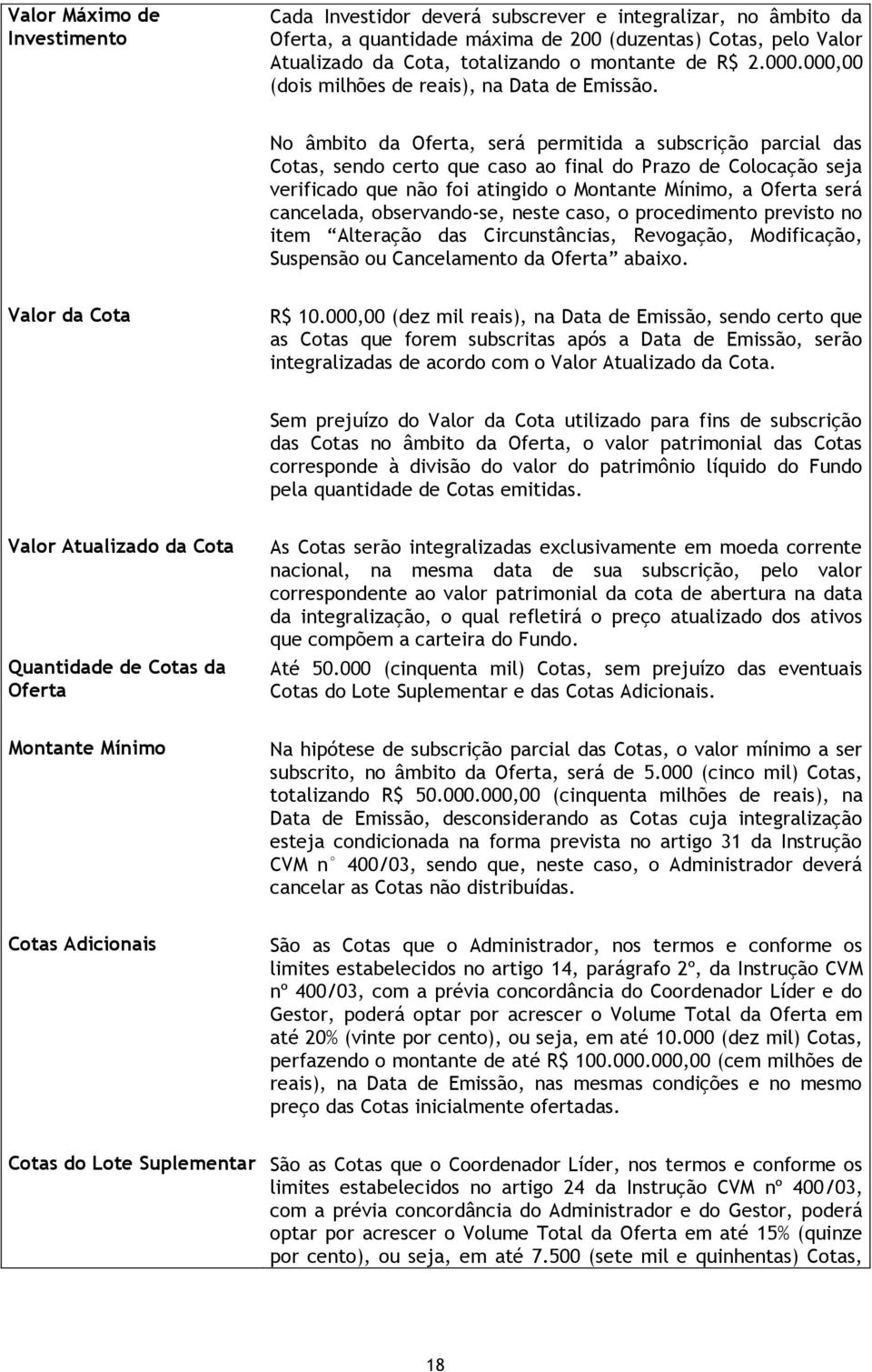 No âmbito da Oferta, será permitida a subscrição parcial das Cotas, sendo certo que caso ao final do Prazo de Colocação seja verificado que não foi atingido o Montante Mínimo, a Oferta será