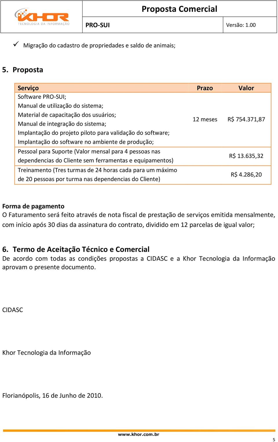 371,87 Implantação do projeto piloto para validação do software; Implantação do software no ambiente de produção; Pessoal para Suporte (Valor mensal para 4 pessoas nas dependencias do Cliente sem