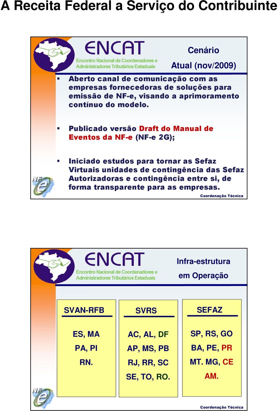 Publicado versão Draft do Manual de Eventos da NF-e (NF-e 2G); Iniciado estudos para tornar as Sefaz Virtuais unidades de