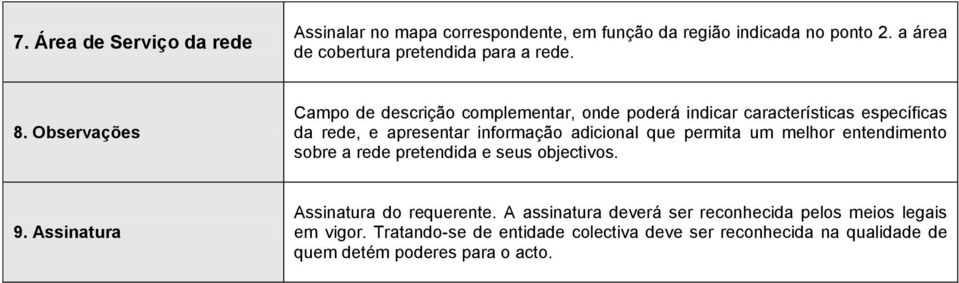 Observações Campo de descrição complementar, onde poderá indicar características específicas da rede, e apresentar informação adicional que