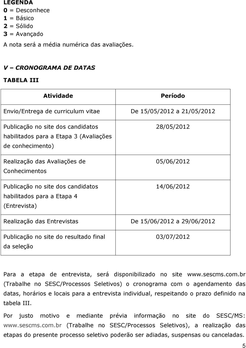 conhecimento) Realização das Avaliações de Conhecimentos Publicação no site dos candidatos habilitados para a Etapa 4 (Entrevista) 28/05/2012 05/06/2012 14/06/2012 Realização das Entrevistas De