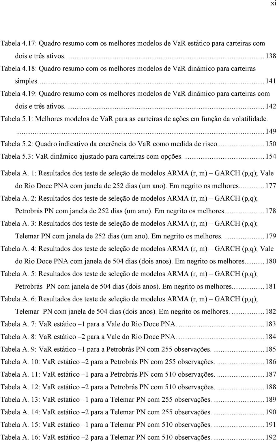 : Quadro ndcavo da coerênca do como medda de rsco...50 Tabela 5.3: dnâmco ajusado para careras com opções....54 Tabela A.